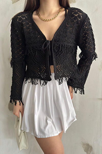 LE CARAMBOLE Women's Black Tassel Detailed Seasonal Knitwear Cardigan 2444