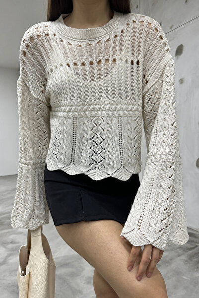 MODAMERSİ Kadın Krem Ajurlu Triko Bluz