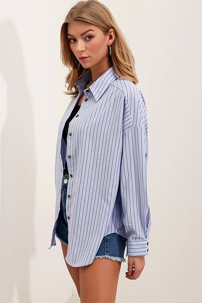 Bigdart Women's Baby Blue Black Striped Oversize Long Basic Shirt 3900