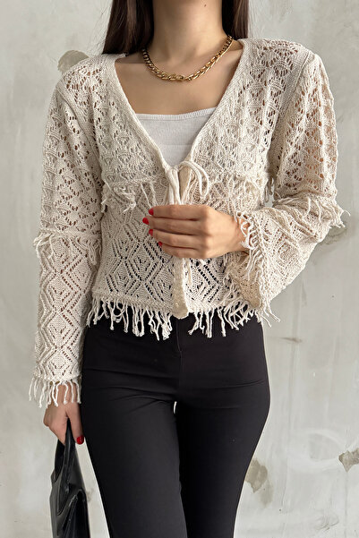 LE CARAMBOLE Women's Cream Tassel Detailed Seasonal Knitwear Cardigan 2444