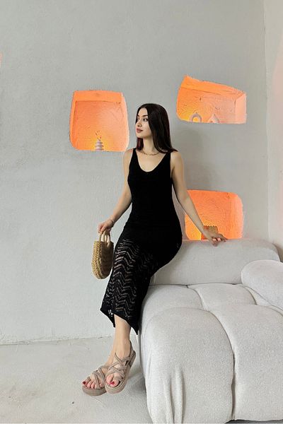 MODAMERSİ Rochie de tricot ajurata cu căptușeală neagră pentru femei 2445