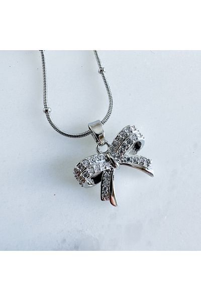 CHARMLUCKY Steel Bow Ribbon Necklace