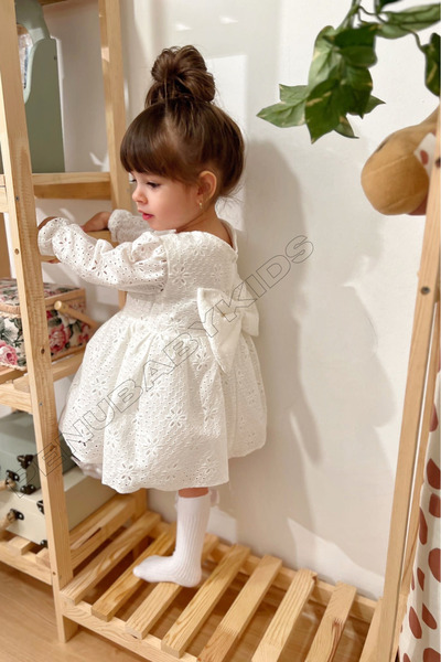 penu baby kids Beyaz Full Fisto Detaylı Uzun Kol Kız Bebek Elbise