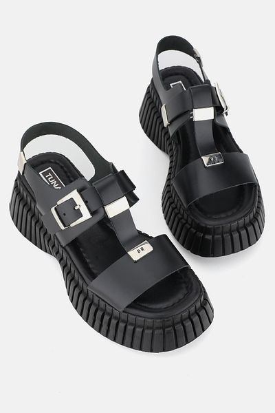 TUNAELLİ Women's BLACK GENUINE NATURAL LEATHER FLAT SANDALS SHOES