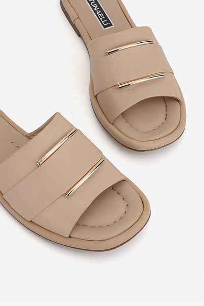 TUNAELLİ Women's Beige Genuine Natural Leather Buckle Flat Slippers