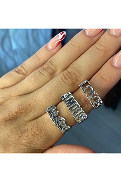 Elifsu Jewelry Silver Colored Lettering Embroidered Adjustable Rings