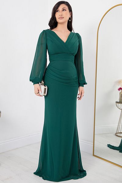 PULLIMM Long Sleeve Double Breasted Collar Chiffon Dress - DNS1515