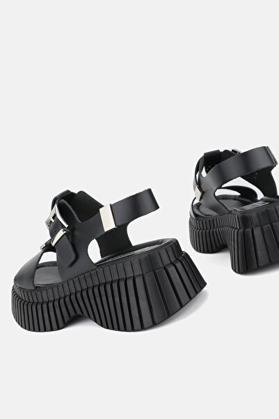 TUNAELLİ Women's BLACK GENUINE NATURAL LEATHER FLAT SANDALS SHOES