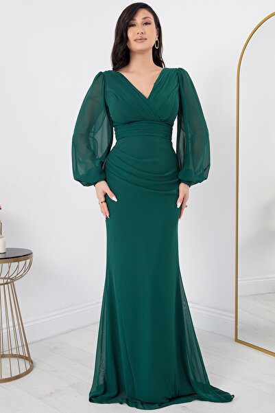 PULLIMM Kruvaze Yaka Uzun Kol Şifon Elbise DNS1515