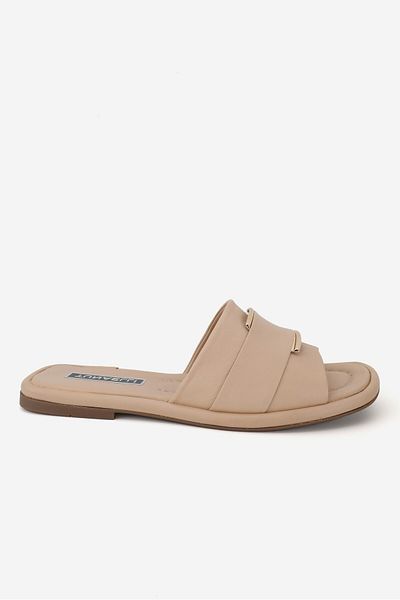 TUNAELLİ Women's Beige Genuine Natural Leather Buckle Flat Slippers