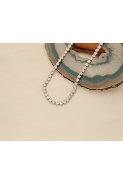 sorti takı aksesuar 925 Ayar Gümüş Yuvarlak Taşlı Suyolu Kolye