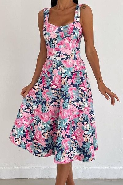 lovebox Women's Stretchy Diver Fabric U-Neck Thick Strap Flower Patterned Midi Evening Dress582573