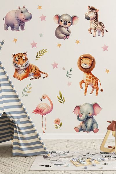 TUGİBU Safari Animals Themed Kids Room Wall Sticker Set