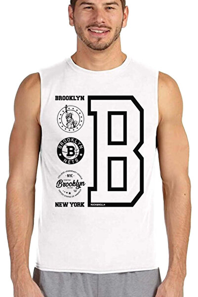 ROCKANDROLL شعار بروكلين الأبيض قطع الأكمام |   تي شيرت رجالي مطبوع بدون أكما...