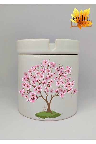 Eylül Design Pembe Çiçekli Ağaç Özel Tasarım Baskılı Seramik Küllük Kokusuz K...
