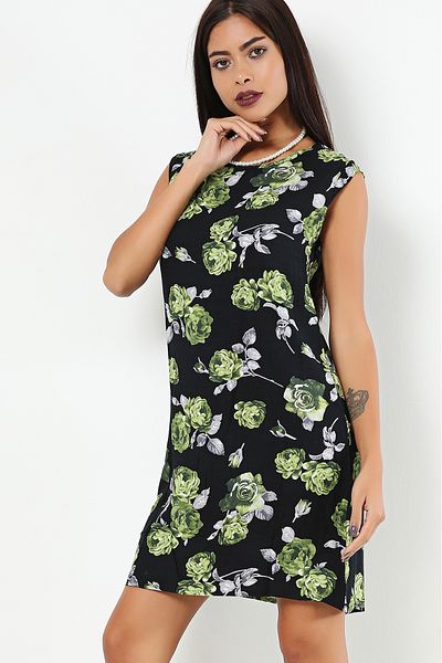 AVORWE Rochie peste genunchi fără mâneci cu decolteu cu imprimeu floral