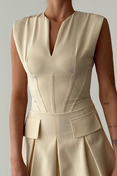 lovebox Women's Stretch Fabric V Neck Piping and Cover Pocket Design Skirt Pleated Beige Mini Evening Dress 085