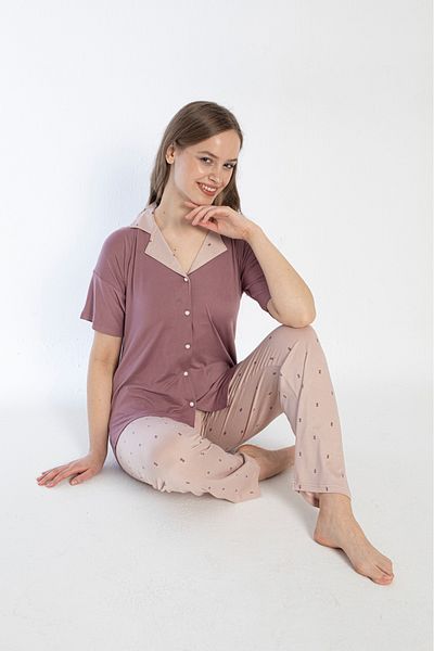 SEBOTEKS Milan Fabric Short Sleeve Front Buttoned Women's Pajamas Set 15003