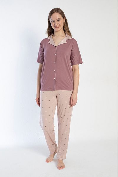 SEBOTEKS Milan Fabric Short Sleeve Front Buttoned Women's Pajamas Set 15003