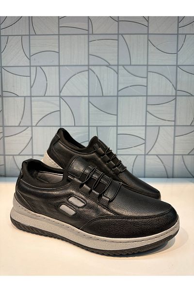 Anıl Ayakkabı Bemsa 703 Black pentru bărbați, piele naturală, detaliu imprimat, ortopedie elastică, pantofi ușori confortabili de zi cu zi