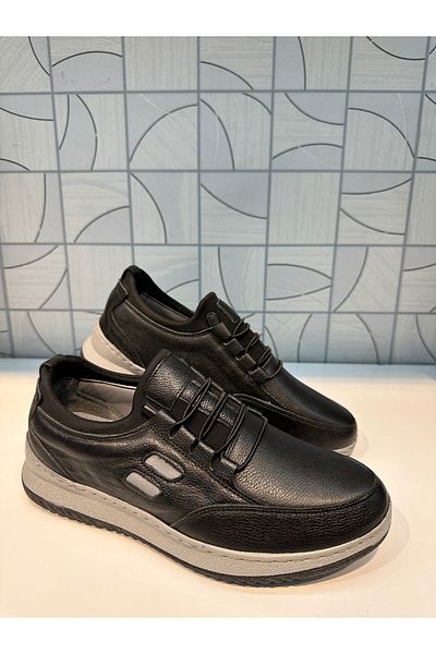 Anıl Ayakkabı Bemsa 703 Black pentru bărbați, piele naturală, detaliu imprimat, ortopedie elastică, pantofi ușori confortabili de zi cu zi