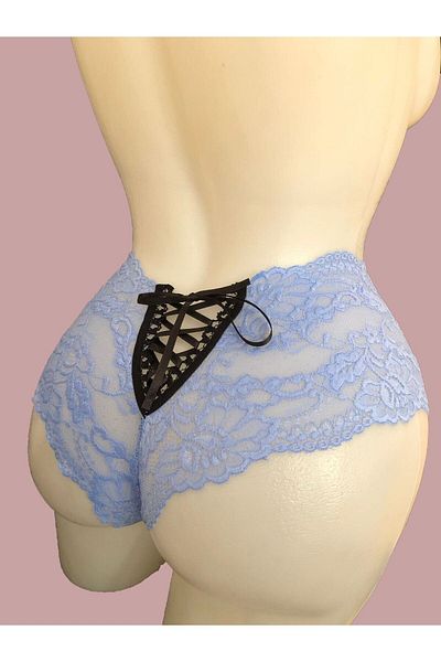 Qvien Secret Chiloți sexy cu talie înaltă, cu dantelă, albastru baby, cu detaliu de dantelă