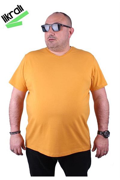 Starbattal Large Size Lycra Men's V-Neck T-Shirt - 11170 Mustard