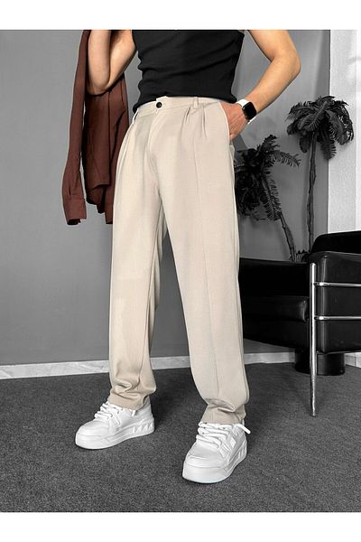 THEMANN Baggy Pleated Cream Pipe Leg Trousers