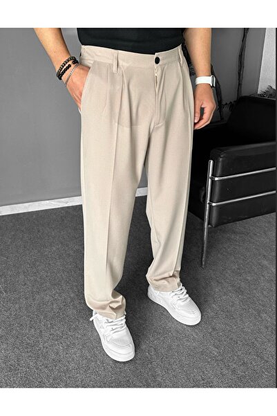 THEMANN Baggy Pileli Krem Boru Paça Pantolon