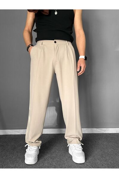 THEMANN Baggy Pileli Krem Boru Paça Pantolon