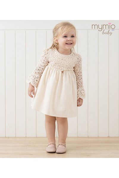 Mymio 6-24 Months Beige Embroidered Cotton Baby Girl Dress