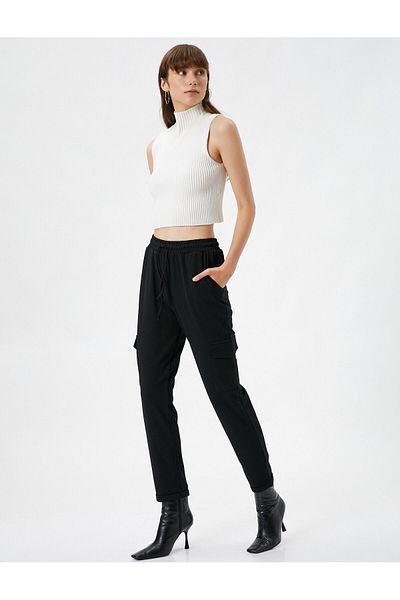 Koton Cargo Pants with Pocket Detail, Lace-Up Waist, Fold-Up Tapered Leg