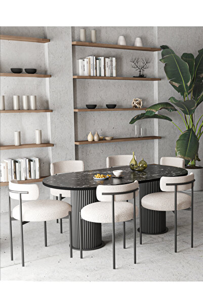 AVVİO Mina Teddy Sandalye 80x180 Bohem Ayak Yemek Masası Mutfak Masası 6 Kişi...