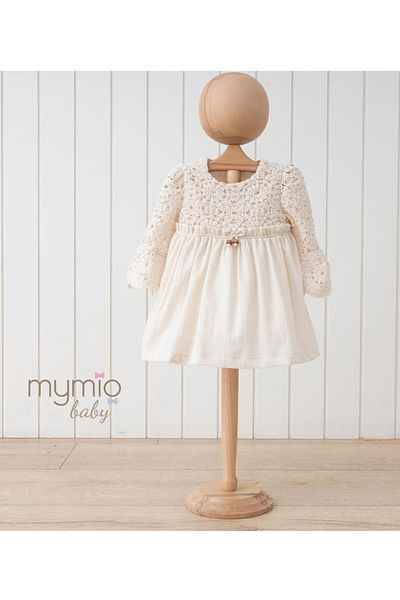 Mymio 6-24 Months Beige Embroidered Cotton Baby Girl Dress