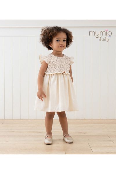 Mymio 6-24 Months Beige Short Sleeve Embroidered Cotton Baby Girl Summer Dress