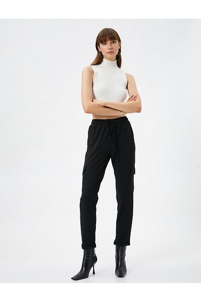 Koton Cargo Pants with Pocket Detail, Lace-Up Waist, Fold-Up Tapered Leg