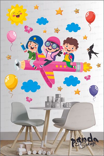 PANDA SOKAĞI Kids Flying in Pen Kindergarten School Children's Room Nursery Wall Door Glass Sticker Set