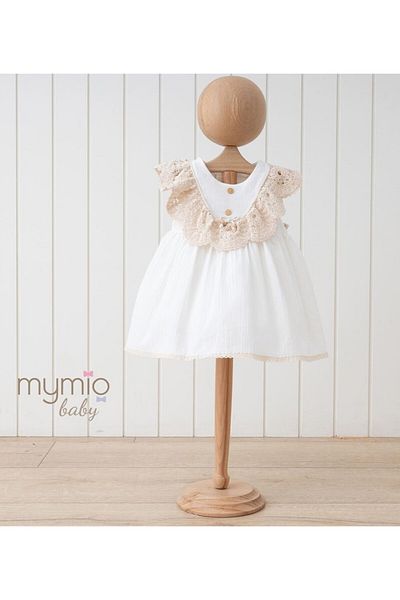 Mymio 6-24 Months Ecru Short Sleeve Embroidery Detailed Cotton Baby Girl Summer Dress