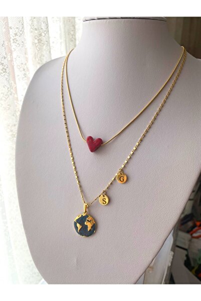 NETA TASARIM Dünyam ve Kalp Kolye Harfler Sabit Model 2 Harfli