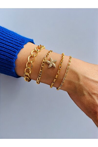 xesha Altın Kaplama 4'Lü Kombin Bileklik Seti Gold Renk Zincir Bilezik Künye