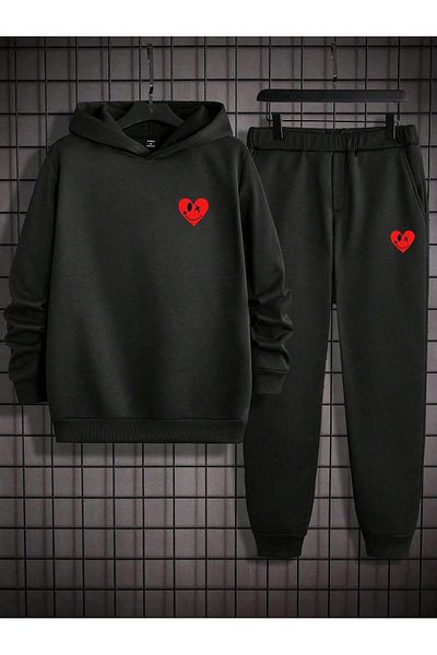 DAXİS Sportwear Company Σετ μαύρης φόρμας με εμπριμέ Unisex Bottom Top Combination - Φούτερ με κουκούλα Jogger