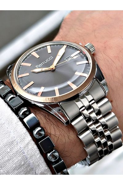 Ferrucci Silver Color Steel Case Men's Wristwatch + Bracelet Gift
