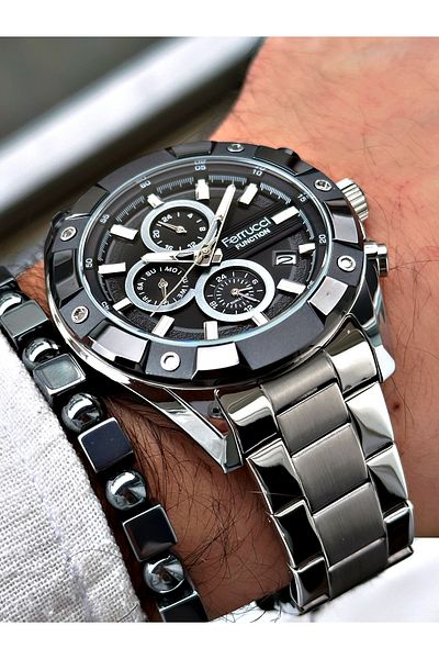 Ferrucci Silver Color Function Steel Case Men's Wristwatch + Bracelet Gift