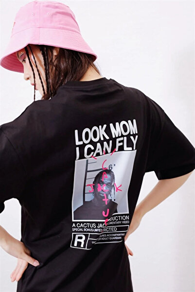 Garalio Unisex Negru supradimensionat 'Look Mom I Can Fly' cu imprimeu tricou