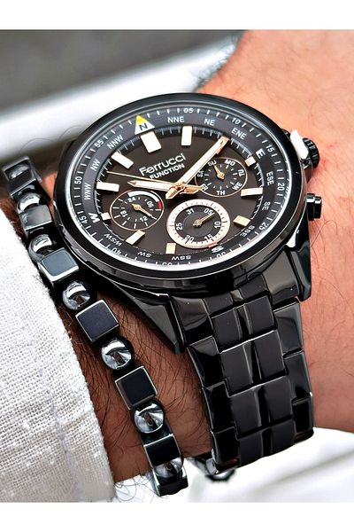 Ferrucci Black Steel Cord Function Men's Wristwatch with Bracelet Gift