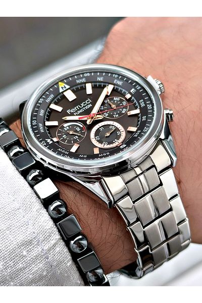 Ferrucci Silver Steel Case Function Men's Wrist Watch + Bracelet Gift