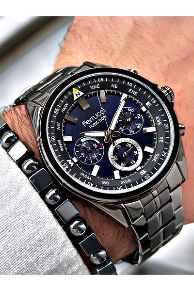 Ferrucci Silver Anthracite Steel Cord Function Men's Wristwatch with Bracelet Gift