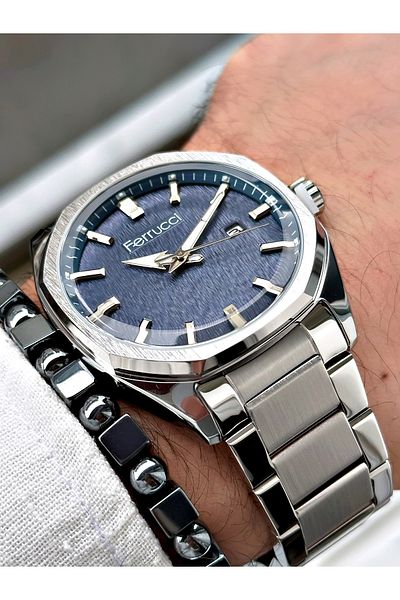 Ferrucci Silver Color Steel Case Men's Wristwatch + Bracelet Gift