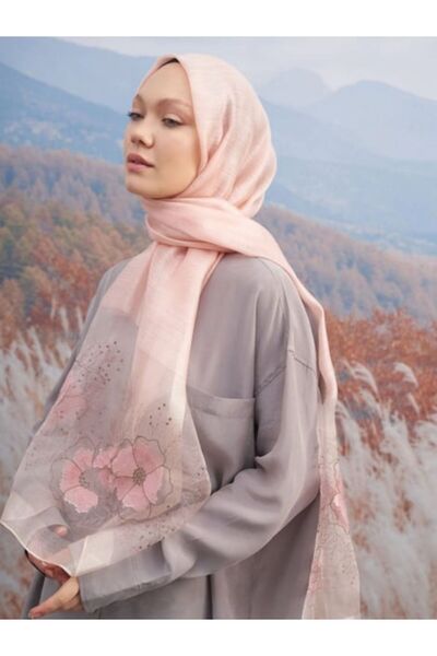 ARMANDA Nakışlı Firuze Şal - Pudra