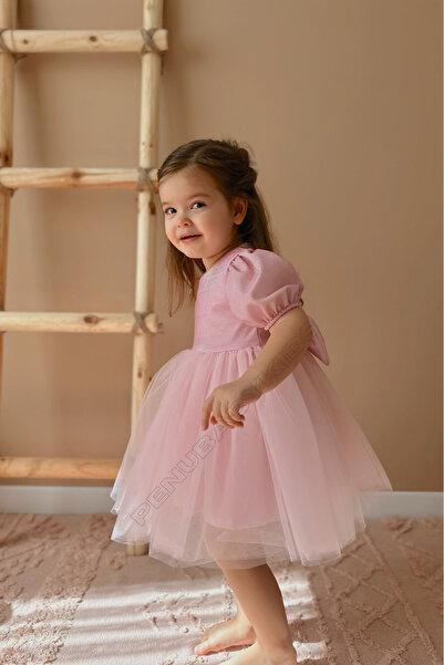 penu baby kids Pembe Kısa Balon Kumaş Kol Detaylı Altı Tütülü Kız Bebek Elbise